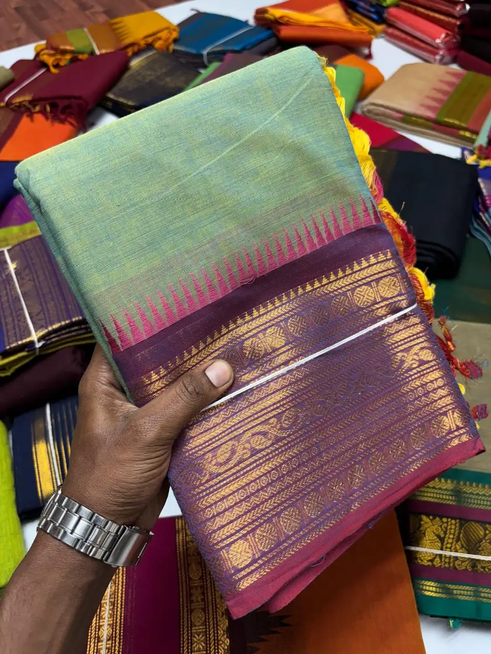 Sea Green and Purple Kanchi Pure Cotton Saree